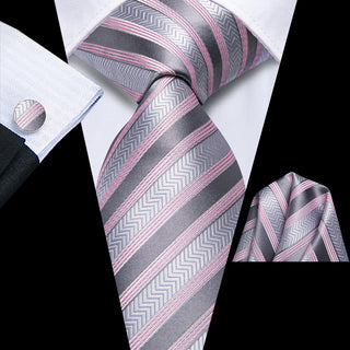 Silver Grey Pink Striped Silk Necktie Pocket Square Cufflinks Set