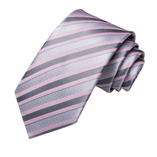 Silver Grey Pink Striped Silk Necktie Pocket Square Cufflinks Set