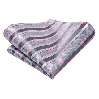 Silver Grey Pink Striped Silk Necktie Pocket Square Cufflinks Set