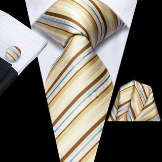 Yellow Brown Blue Striped Silk Necktie Pocket Square Cufflinks Set