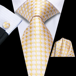 Yellow White Plaid Silk Necktie Pocket Square Cufflinks Set
