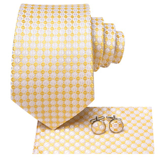 Yellow White Plaid Silk Necktie Pocket Square Cufflinks Set
