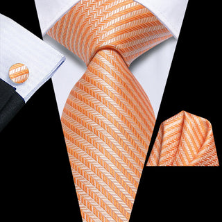 Orange Striped Silk Necktie Pocket Square Cufflinks Set