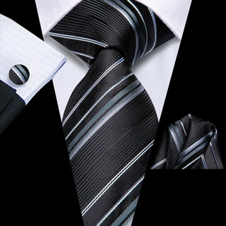 Black Grey Striped Silk Necktie Pocket Square Cufflinks Set