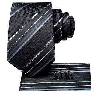 Black Grey Striped Silk Necktie Pocket Square Cufflinks Set