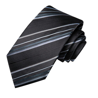 Black Grey Striped Silk Necktie Pocket Square Cufflinks Set