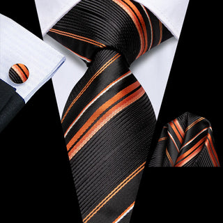 Black Orange Striped Silk Necktie Pocket Square Cufflinks Set