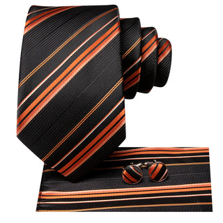 Black Orange Striped Silk Necktie Pocket Square Cufflinks Set