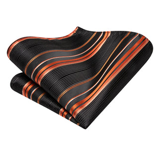 Black Orange Striped Silk Necktie Pocket Square Cufflinks Set