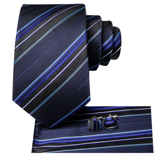 Black Blue Striped Silk Necktie Pocket Square Cufflinks Set