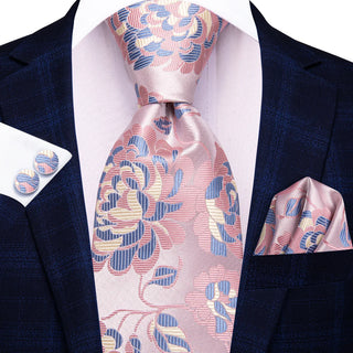 Pink Blue Floral Silk Necktie Pocket Square Cufflinks Set