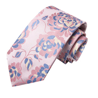 Pink Blue Floral Silk Necktie Pocket Square Cufflinks Set