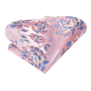 Pink Blue Floral Silk Necktie Pocket Square Cufflinks Set