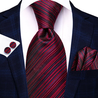 New Red Blue Slanting Line Silk Necktie Pocket Square Cufflinks Set