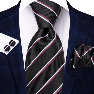 Black Burgundy Striped Silk Necktie Pocket Square Cufflinks Set