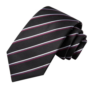 Black Burgundy Striped Silk Necktie Pocket Square Cufflinks Set