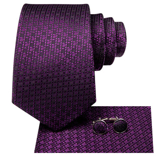 Dark Purple Novelty Silk Necktie Pocket Square Cufflinks Set