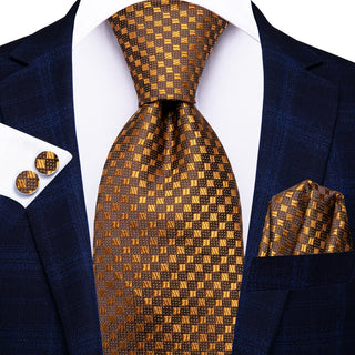 Gold Brown Plaid Silk Necktie Pocket Square Cufflinks Set