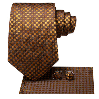Gold Brown Plaid Silk Necktie Pocket Square Cufflinks Set
