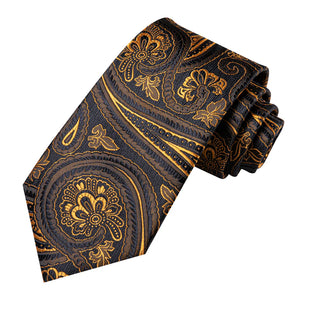 Blue Gold Paisley Silk Necktie Pocket Square Cufflinks Set