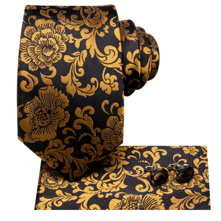 Black Golden Floral Silk Necktie Pocket Square Cufflinks Set