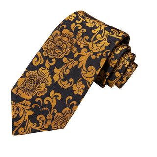 Black Golden Floral Silk Necktie Pocket Square Cufflinks Set