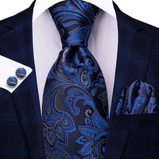 Navy Blue Paisley Silk Men's Necktie Pocket Square Cufflinks Set