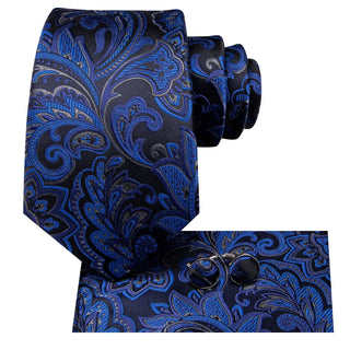 Navy Blue Paisley Silk Men's Necktie Pocket Square Cufflinks Set