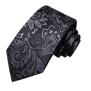 Black Grey Paisley Silk Necktie Pocket Square Cufflinks Set