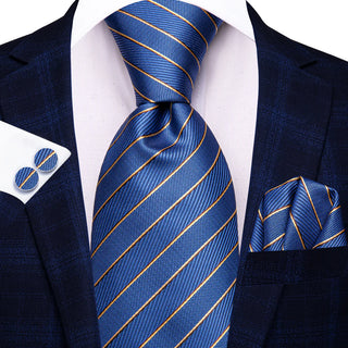 Blue Yellow Striped Silk Necktie Pocket Square Cufflinks Set