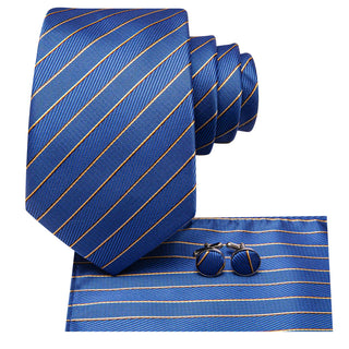 Blue Yellow Striped Silk Necktie Pocket Square Cufflinks Set