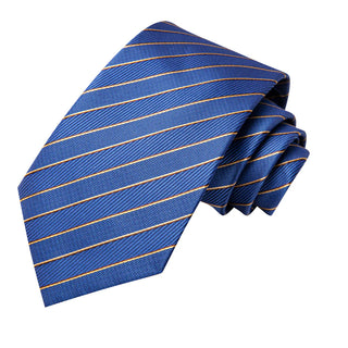 Blue Yellow Striped Silk Necktie Pocket Square Cufflinks Set