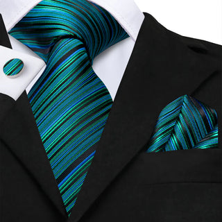 Teal Blue Striped Silk Necktie Pocket Square Cufflinks Set