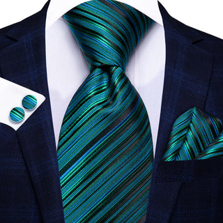 Teal Blue Striped Silk Necktie Pocket Square Cufflinks Set