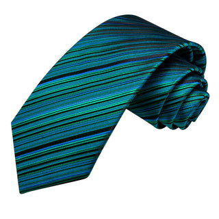 Teal Blue Striped Silk Necktie Pocket Square Cufflinks Set