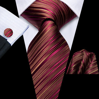 Wine Red Striped Silk Necktie Pocket Square Cufflinks Set