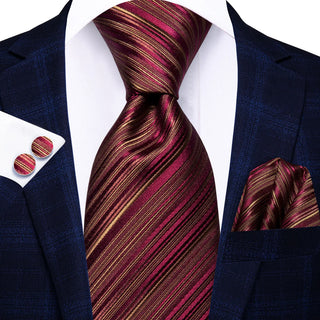 Wine Red Striped Silk Necktie Pocket Square Cufflinks Set