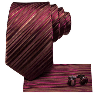 Wine Red Striped Silk Necktie Pocket Square Cufflinks Set