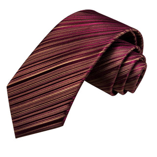 Wine Red Striped Silk Necktie Pocket Square Cufflinks Set