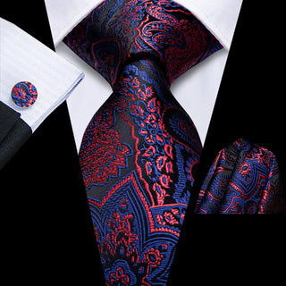 New Red Blue Paisley Silk Necktie Pocket Square Cufflinks Set