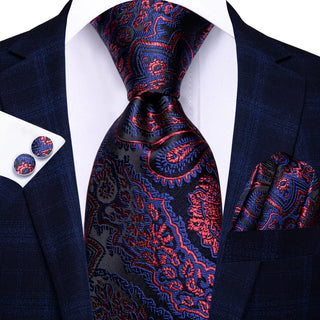 New Red Blue Paisley Silk Necktie Pocket Square Cufflinks Set