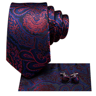 New Red Blue Paisley Silk Necktie Pocket Square Cufflinks Set