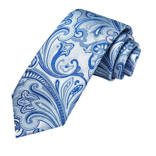 New Sky Blue Paisley Silk Necktie Pocket Square Cufflinks Set