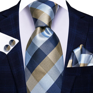 Navy Blue Brown Plaid Silk Necktie Pocket Square Cufflinks Set