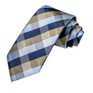 Navy Blue Brown Plaid Silk Necktie Pocket Square Cufflinks Set