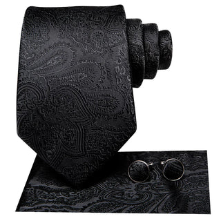 New Black Paisley Jacquard Silk Necktie Pocket Square Cufflinks Set