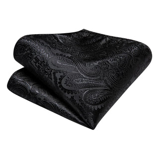 New Black Paisley Jacquard Silk Necktie Pocket Square Cufflinks Set