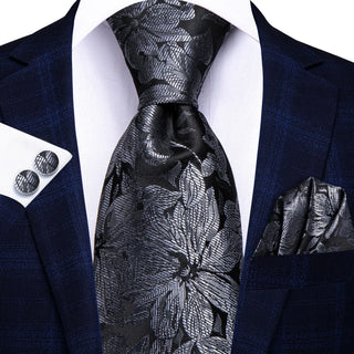 Dark Grey Floral Silk Necktie Pocket Square Cufflinks Set