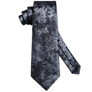 Dark Grey Floral Silk Necktie Pocket Square Cufflinks Set