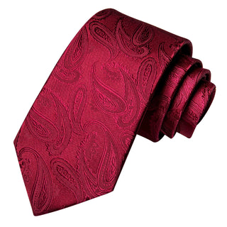 Deep Red Paisley Silk Necktie Pocket Square Cufflinks Set